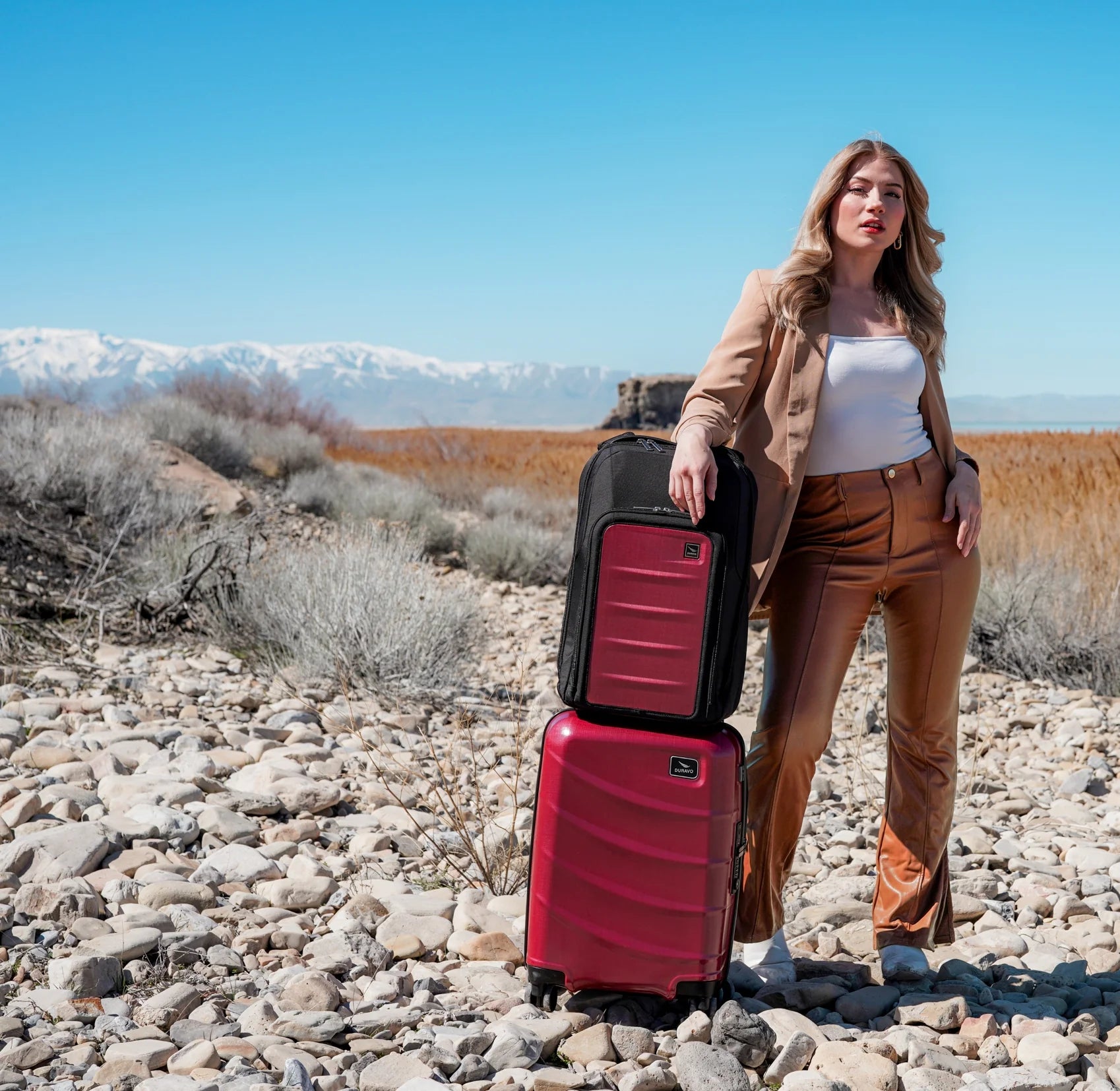 Adventurer Red Travel Set — Expandable Carry-On Luggage with Venture Slim Backpack